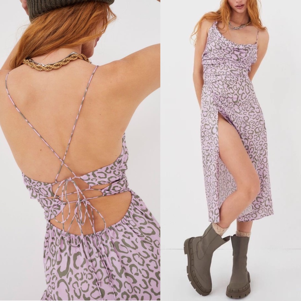 Nwt For Love & Lemons Satin June Midi Slip Dress Purple Animal Print Size Medium